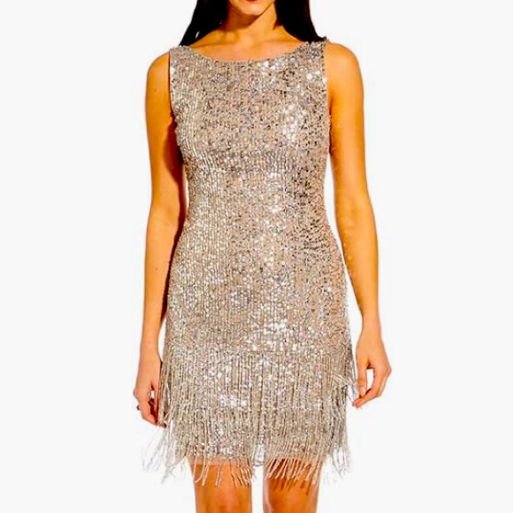 Adrianna Papell Sequined Sleeveless Dress 14W Silver Evening Formal Wedding Gala